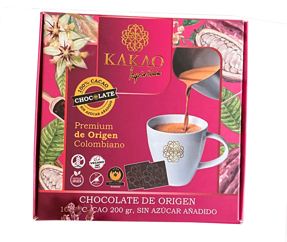 Caja magenta Kakao Izpiritua con ilustración de mazorcas de cacao