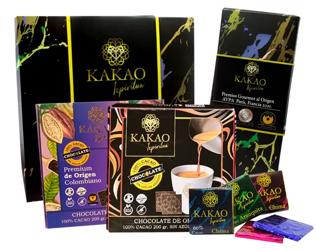 Portafolio completo Kakao Izpiritua: cajas premium, barras y estuche de regalo