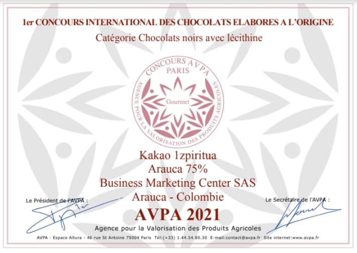 Certificado AVPA París 2021 Gourmet para Kakao Izpiritua Arauca 75%