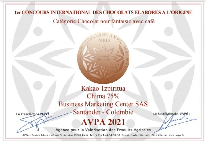 Certificado AVPA París 2021 Gourmet Bronce para Kakao Izpiritua Chimá 75%
