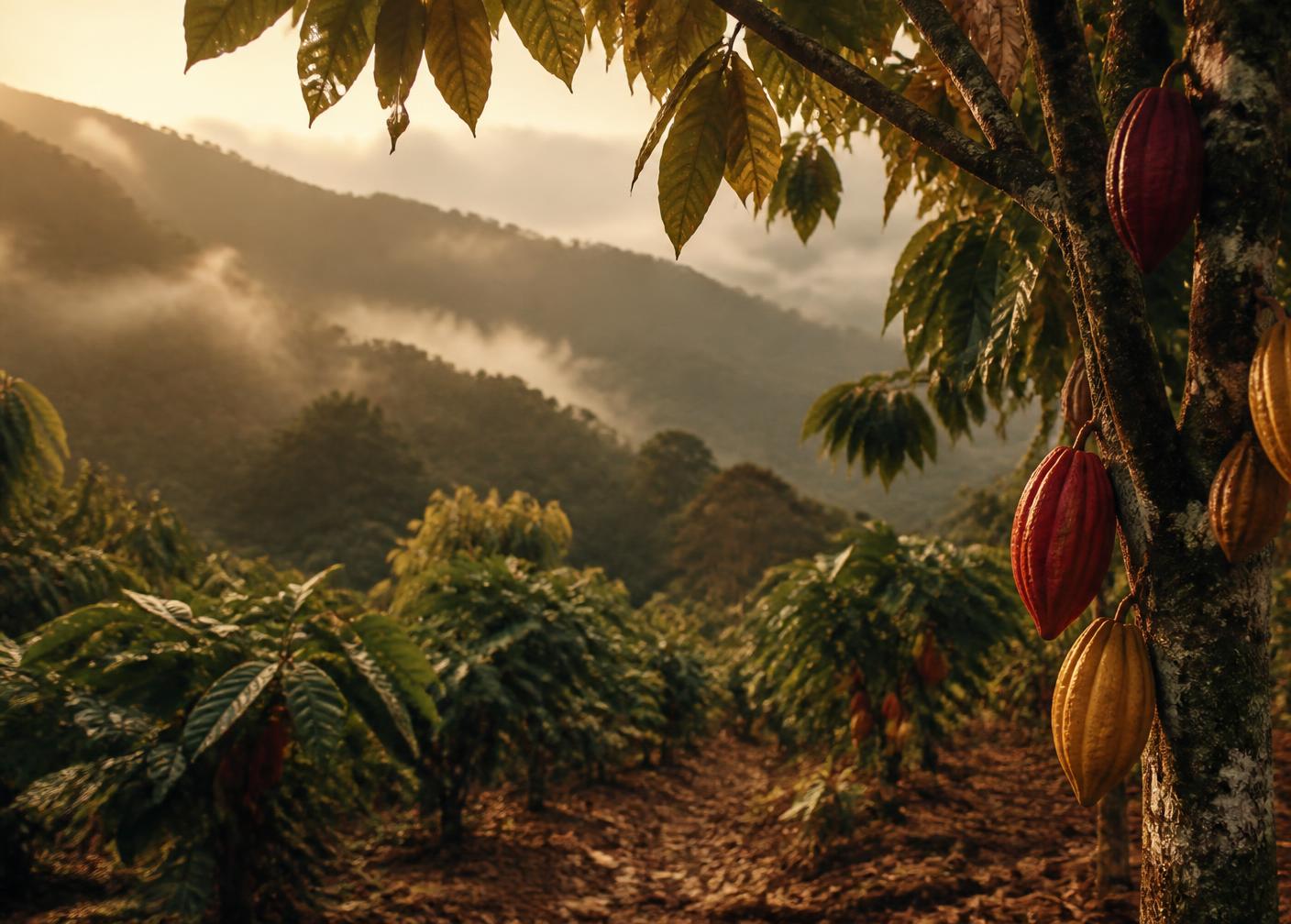 Cultivo de cacao colombiano entre montañas con mazorcas rojas y amarillas